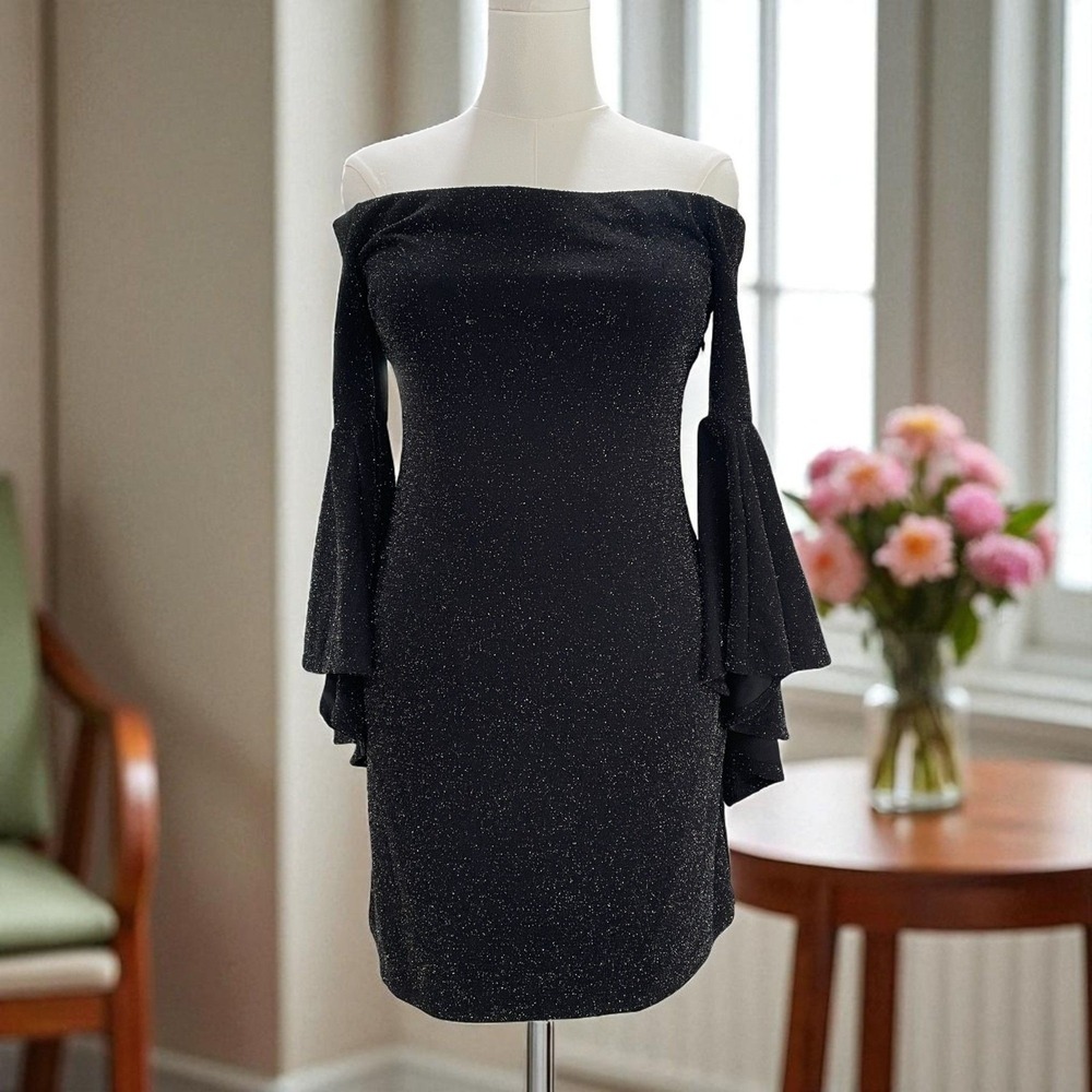 Vince Camuto Black Glitter Off Shoulder Dress‎ Small Cocktail Party Glam LBD